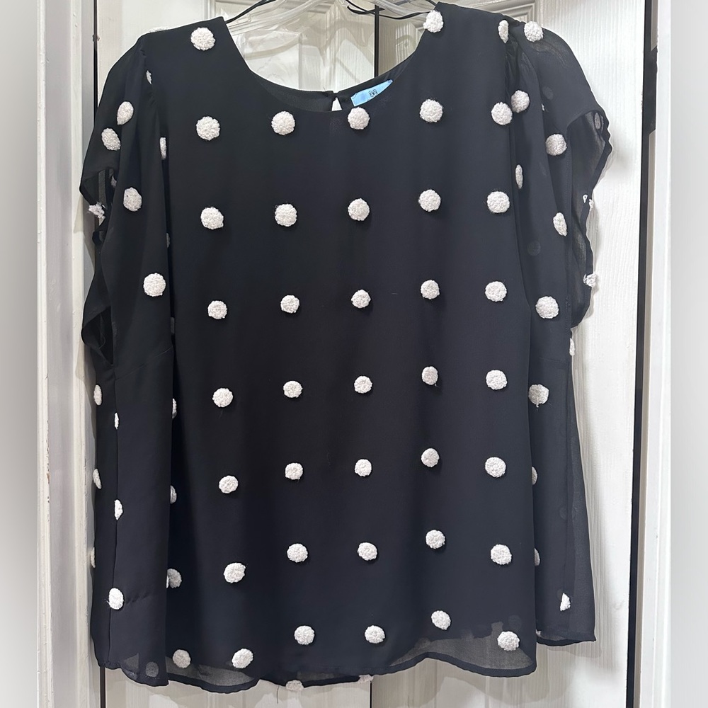 Black cap-sleeve acetate-lined top with white fuzzy embroidered dots